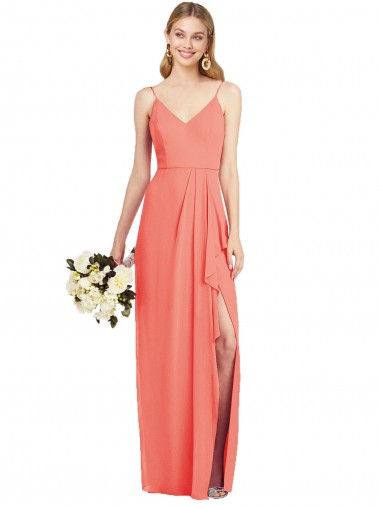 Cheap Spaghetti Strap Draped Skirt Chiffon Bridesmaid Dress with Front Slit UK