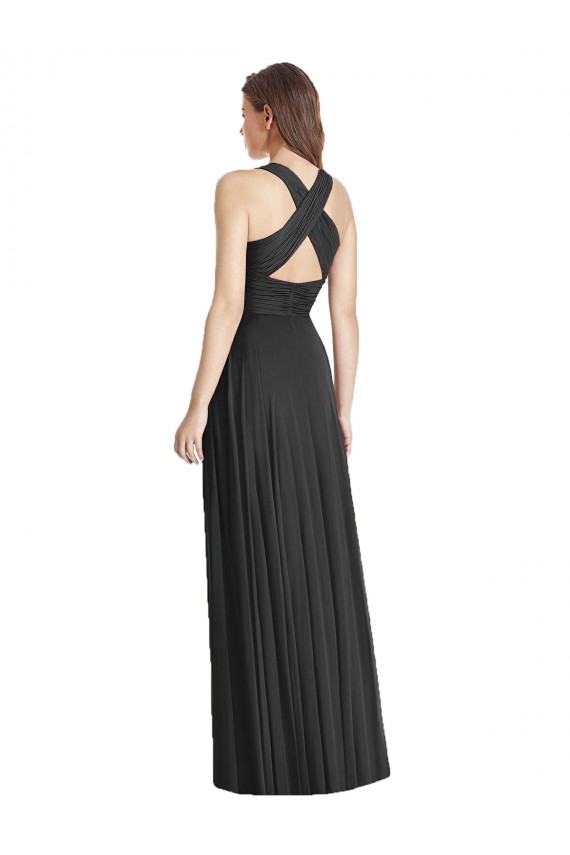 Cheap Full Length V-Neck Chiffon Bridesmaid Dress with Wide Criss Cross Straps UK