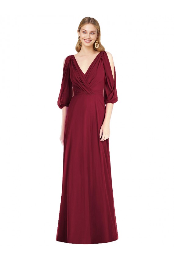 Cheap Draped V-Neck Bell Sleeves V-Back Chiffon Bridesmaid Dress UK