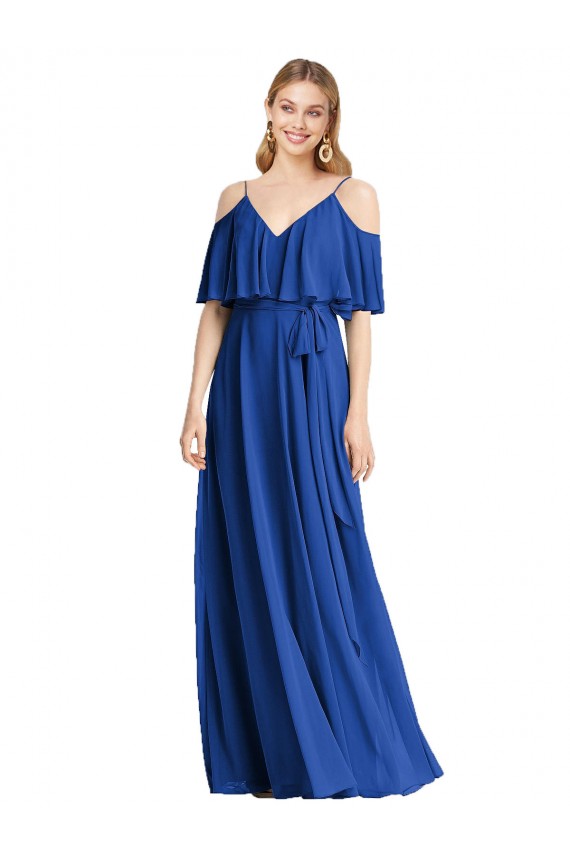 Cheap Spaghetti Straps V-Neck Chiffon Bridesmaid Dress with Sash Tie UK