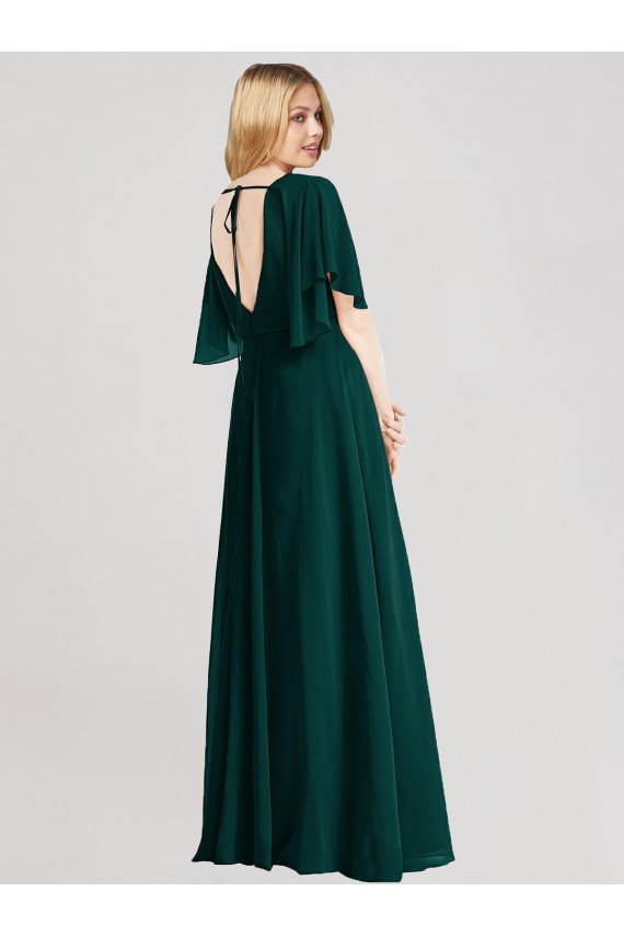 Cheap Full-Length Flutter Sleeves Plunging V Back Chiffon Bridesmaid Dress UK