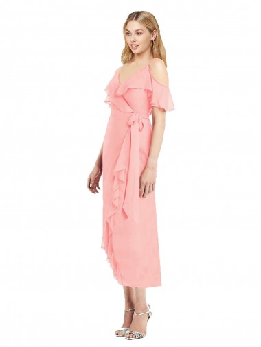 Cheap Cocktail Wrap Chiffon Bridesmaid Dress with Fluttering Ruffles UK