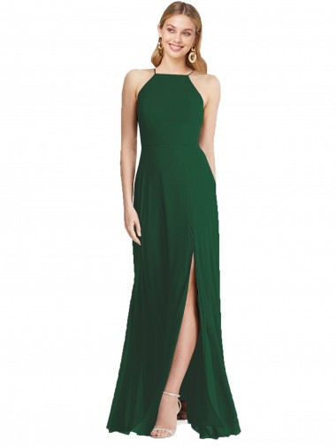 Cheap High-Neck Maxi Bridesmaid Dress with Front Slit UK