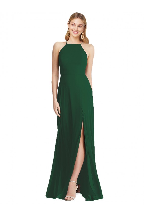 Cheap High-Neck Maxi Bridesmaid Dress with Front Slit UK