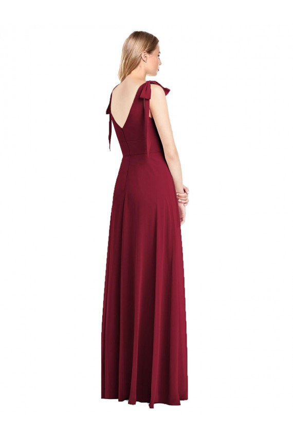 Cheap Full Length Bow-Shoulder V-Back Chiffon Bridesmaid Dress with Front Slit UK
