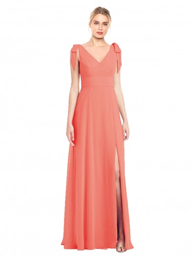 Cheap Full Length Bow-Shoulder V-Back Chiffon Bridesmaid Dress with Front Slit UK