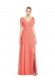 Cheap Full Length Bow-Shoulder V-Back Chiffon Bridesmaid Dress with Front Slit UK