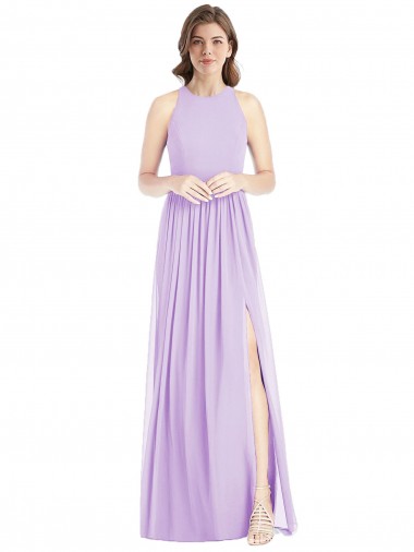 Cheap Shirred Skirt Jewel Neck Halter Chiffon Bridesmaid Dress with Front Slit UK
