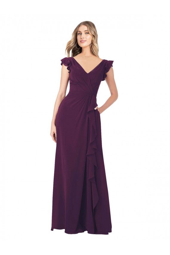 Cheap Ruffle Cap Sleeves Long Chiffon Bridesmaid Dress UK