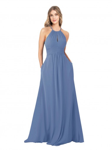 Cheap Draped High Neck Keyhole Back Bridesmaid Dress with Front Slit UK