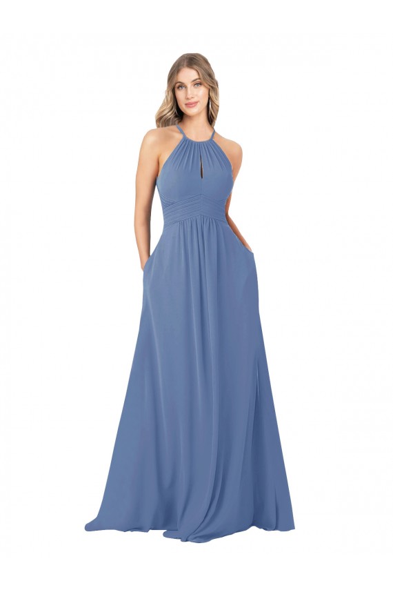 Cheap Draped High Neck Keyhole Back Bridesmaid Dress with Front Slit UK