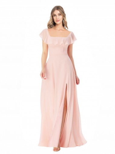 Cheap Flutter Cap Sleeves Square Neck Ruffle Chiffon Bridesmaid Dress with Pockets UK