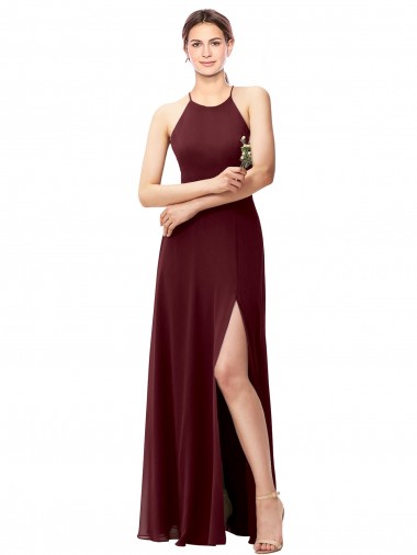 Cheap Slim Long High Halter Neck Chiffon Bridesmaid Dress with High Side Slit UK