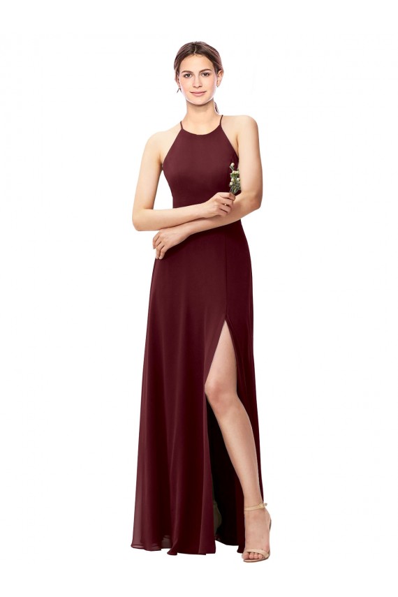 Cheap Slim Long High Halter Neck Chiffon Bridesmaid Dress with High Side Slit UK