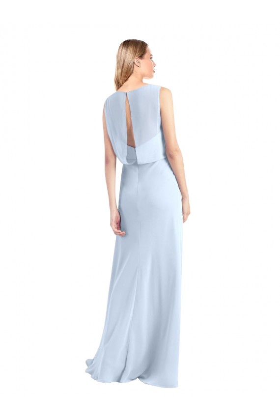 Cheap Illusion Boat Neck Long Full Length Chiffon Bridesmaid Dress with Keyhole Back UK