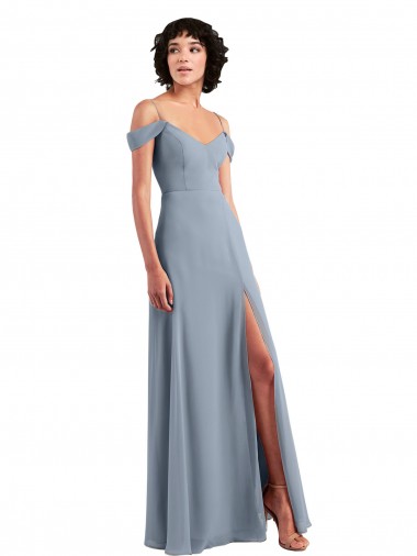 Cheap Off the Shoulder Folded Sleeve Long Chiffon Bridesmaid Dress with High Side Slit UK