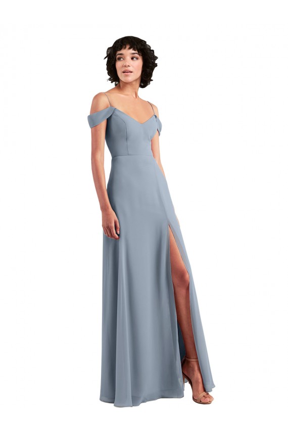 Cheap Off the Shoulder Folded Sleeve Long Chiffon Bridesmaid Dress with High Side Slit UK