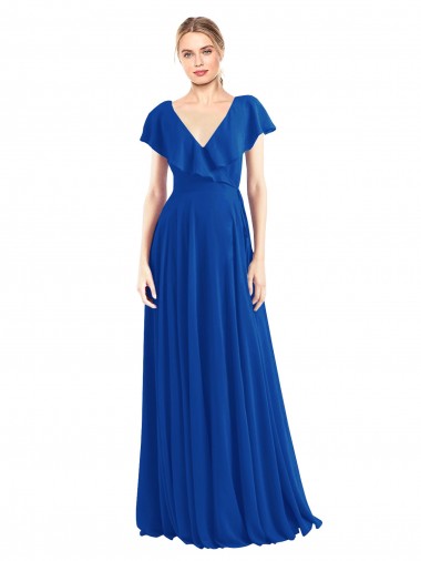 Cheap V-Neck A-Line Flutter Sleeves Long Chiffon Wrap Style Bridesmaid Dress UK