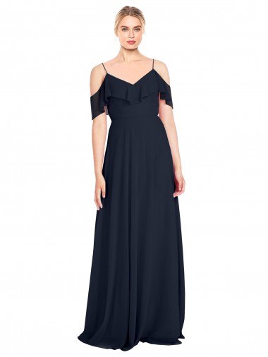 Cheap Draped Sleeves Flounce Neckline Long Chiffon Bridesmaid Dress with Spaghetti Straps UK