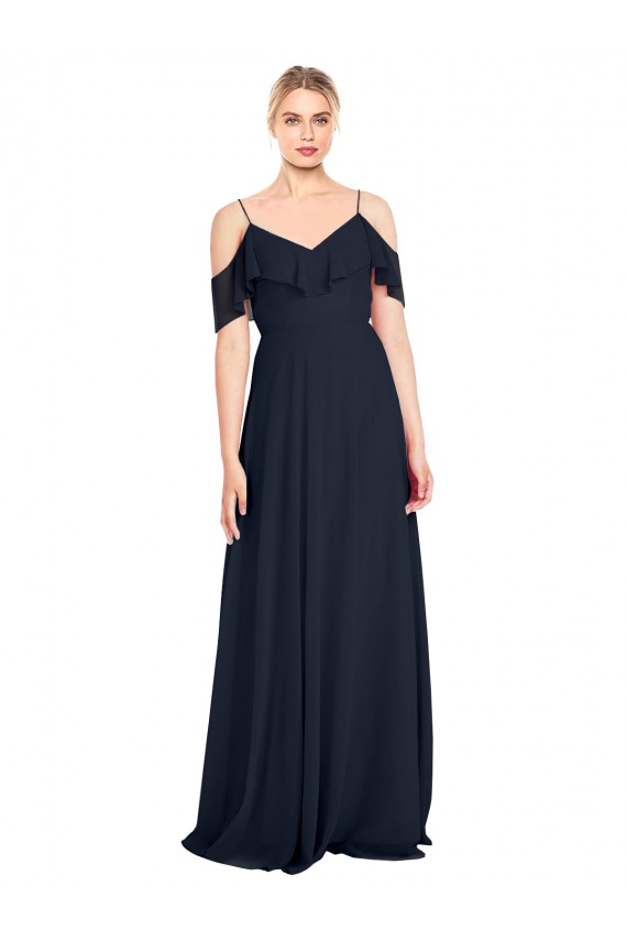 Cheap Draped Sleeves Flounce Neckline Long Chiffon Bridesmaid Dress with Spaghetti Straps UK