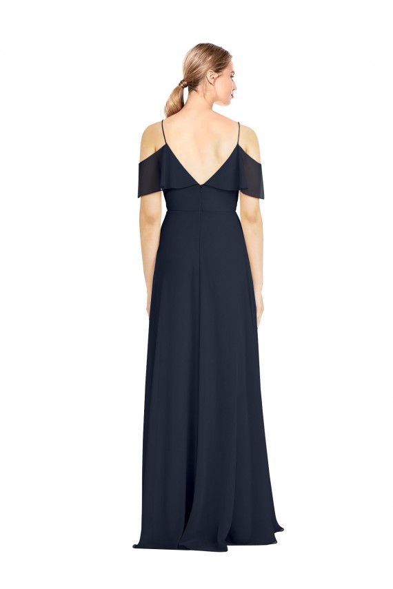 Cheap Draped Sleeves Flounce Neckline Long Chiffon Bridesmaid Dress with Spaghetti Straps UK