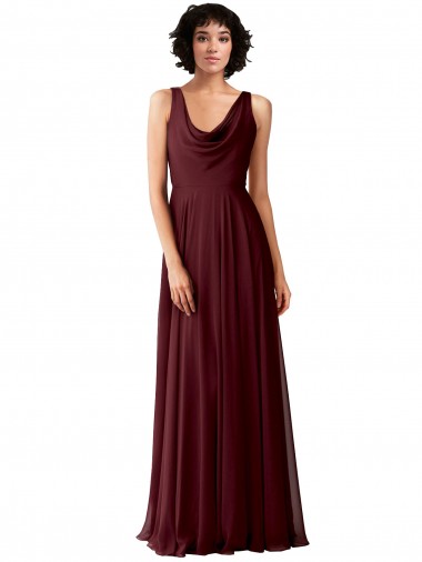 Cheap Draped Cowl Neck Long Chiffon Bridesmaid Dress with Wide Straps UK