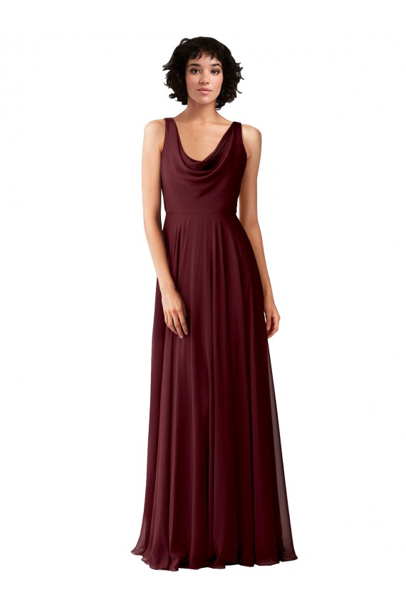 Cheap Draped Cowl Neck Long Chiffon Bridesmaid Dress with Wide Straps UK