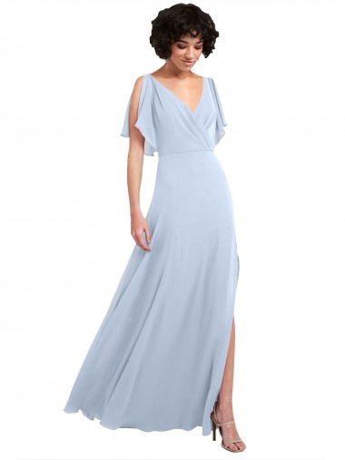 Cheap Split Flutter Sleeves V-Neck Chiffon Bridesmaid Dress with Open V-Back UK