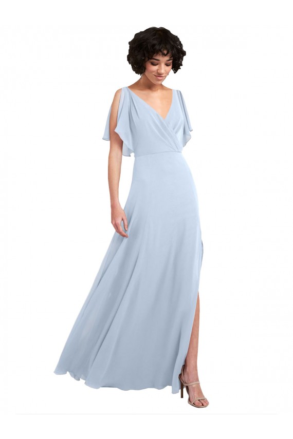 Cheap Split Flutter Sleeves V-Neck Chiffon Bridesmaid Dress with Open V-Back UK