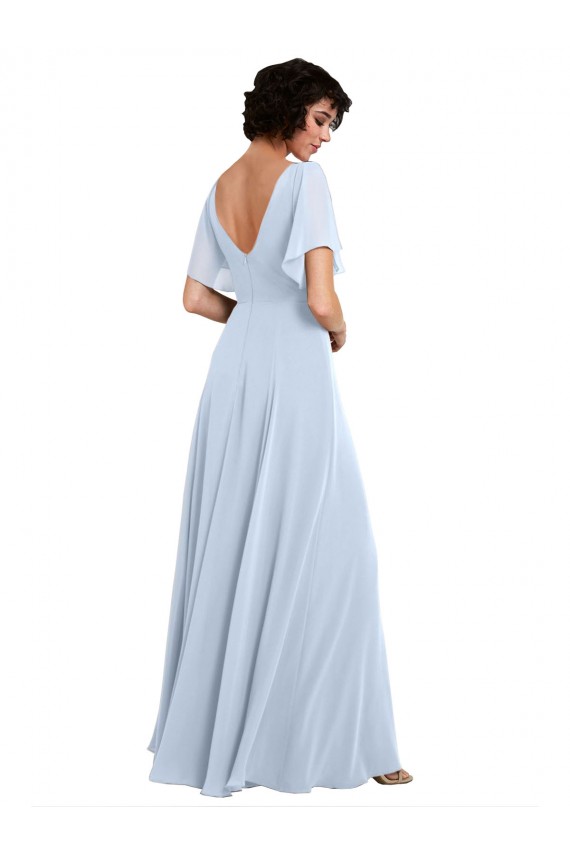 Cheap Split Flutter Sleeves V-Neck Chiffon Bridesmaid Dress with Open V-Back UK