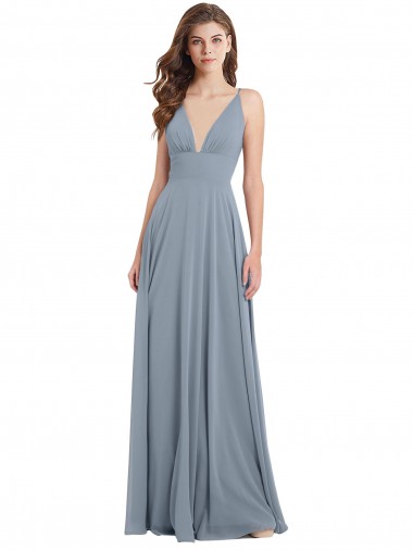 Cheap Fitted V-Neckline Long Chiffon Bridesmaid Dress with V-Back UK