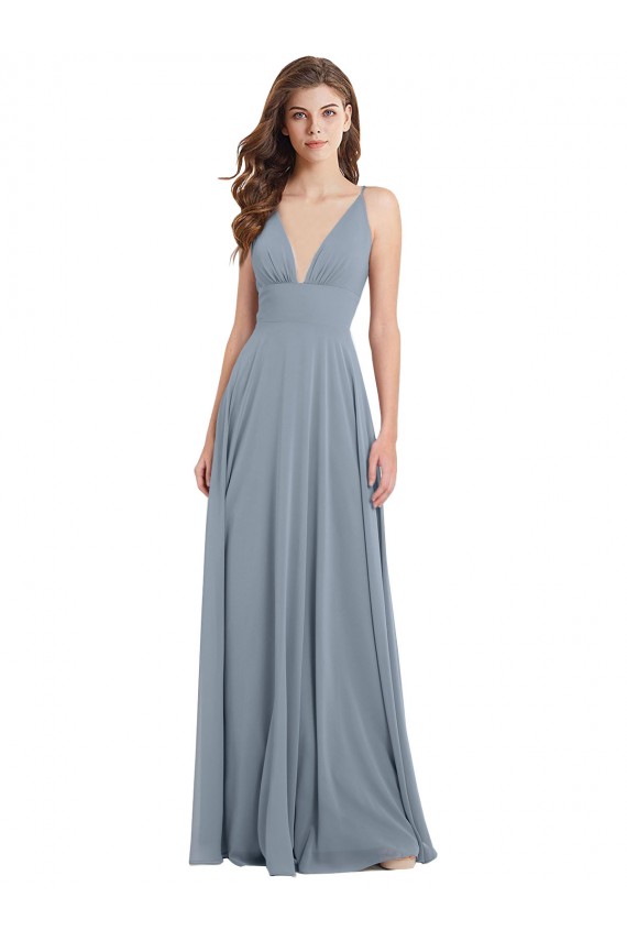Cheap Fitted V-Neckline Long Chiffon Bridesmaid Dress with V-Back UK