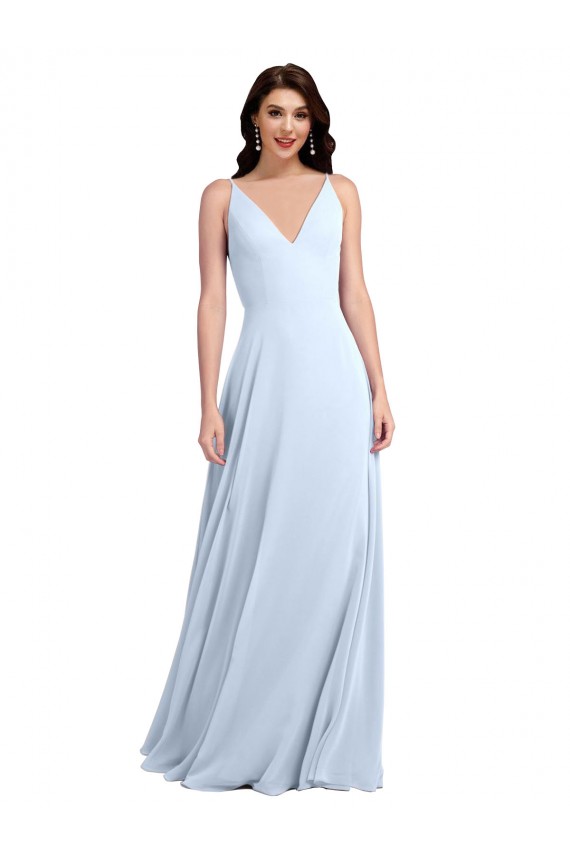 Cheap Long Floor Length V-Neck Chiffon Bridesmaid Dress with Keyhole Back UK