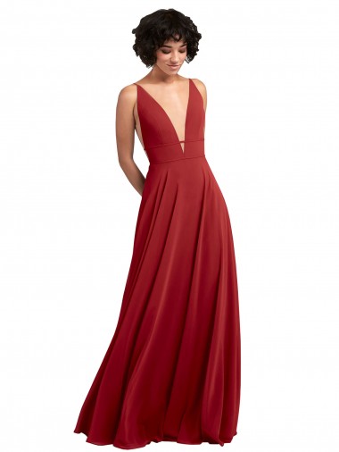 Cheap Fitted Plunging Deep V-Neck Long Chiffon Bridesmaid Dress with V-Back UK