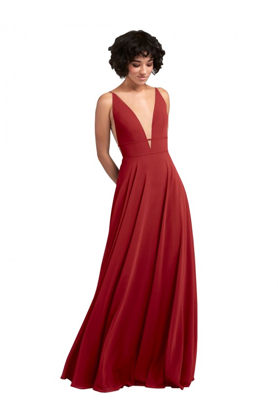 Cheap Fitted Plunging Deep V-Neck Long Chiffon Bridesmaid Dress with V-Back UK