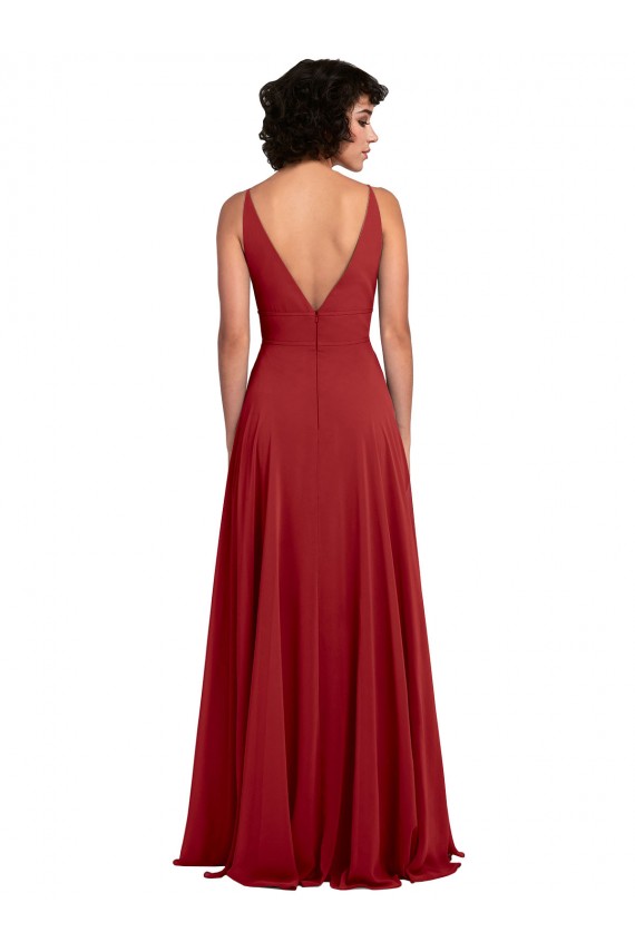Cheap Fitted Plunging Deep V-Neck Long Chiffon Bridesmaid Dress with V-Back UK