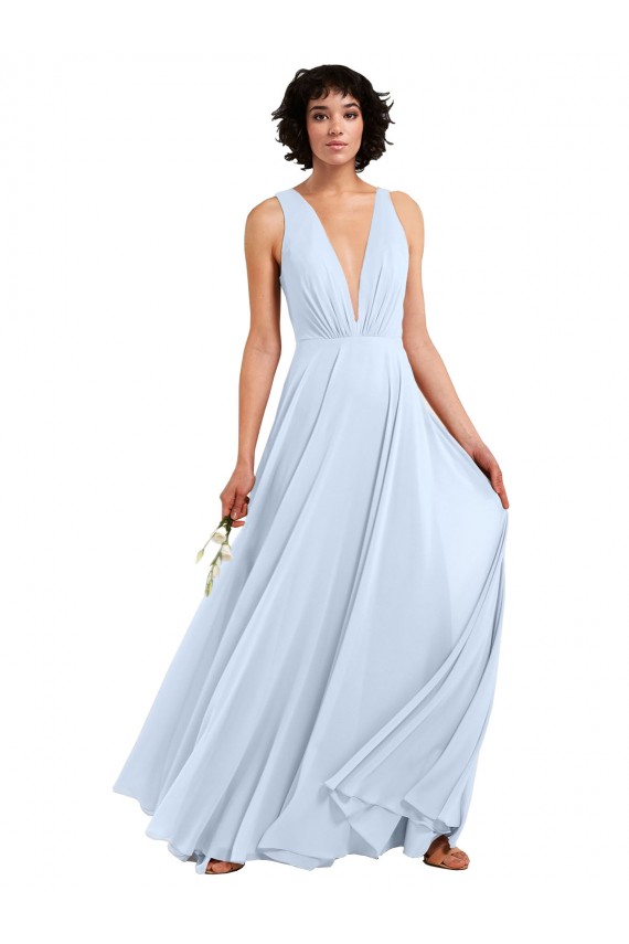 Cheap Daring Plunging V-Neck Long Chiffon Bridesmaid Dress with Pleated Bodice UK