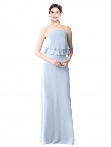 Cheap High Narrow Neck Long Chiffon Bridesmaid Dress with Tiered Ruffles UK