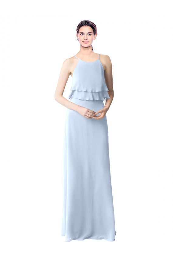 Cheap High Narrow Neck Long Chiffon Bridesmaid Dress with Tiered Ruffles UK