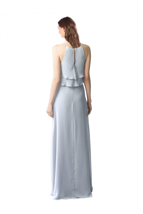 Cheap High Narrow Neck Long Chiffon Bridesmaid Dress with Tiered Ruffles UK