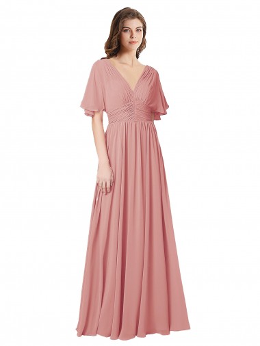 Cheap Flutter Sleeves Plunging V-Neck Boho Chiffon Bridesmaid Dress UK