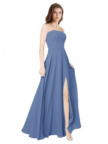 Cheap Strapless Long Chiffon Bridesmaid Dress with Front Slit UK