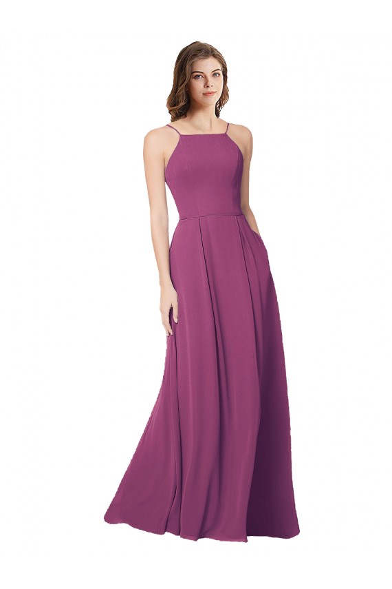 Cheap Halter Neck Long Pleated Chiffon Bridesmaid Dress with Pockets UK