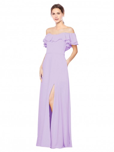 Cheap Ruffled Off the Shoulder Long Chiffon Bridesmaid Dress with Slit UK