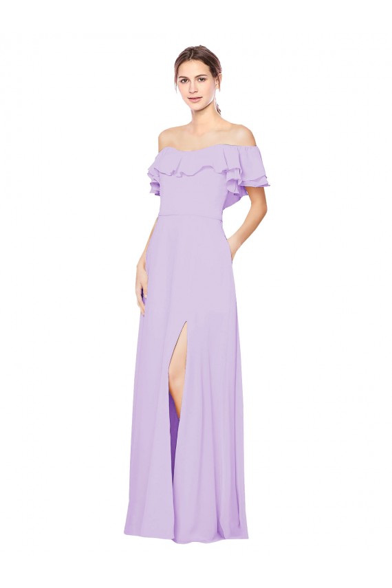 Cheap Ruffled Off the Shoulder Long Chiffon Bridesmaid Dress with Slit UK