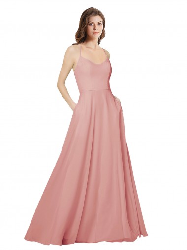 Cheap Open Back Wide Tie Band Long Chiffon Bridesmaid Dress with Pockets UK
