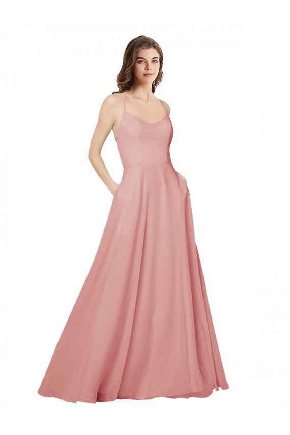 Cheap Open Back Wide Tie Band Long Chiffon Bridesmaid Dress with Pockets UK
