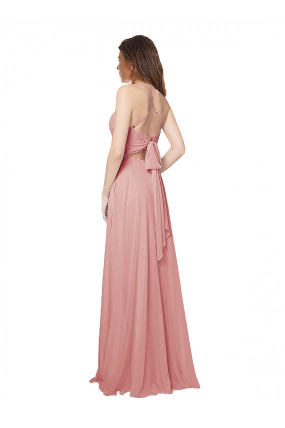 Cheap Open Back Wide Tie Band Long Chiffon Bridesmaid Dress with Pockets UK