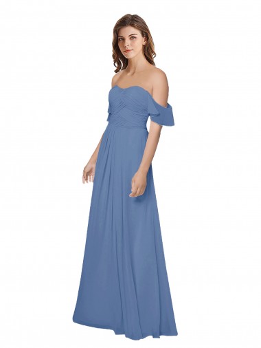 Cheap Flutter Sleeves Scoop Neck Off the Shoulder Long Chiffon Bridesmaid Dress UK