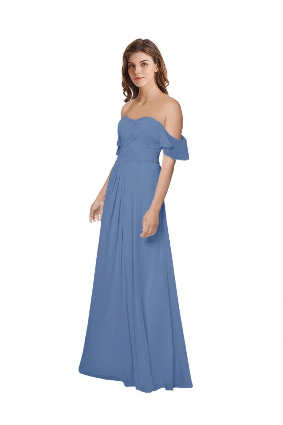 Cheap Flutter Sleeves Scoop Neck Off the Shoulder Long Chiffon Bridesmaid Dress UK